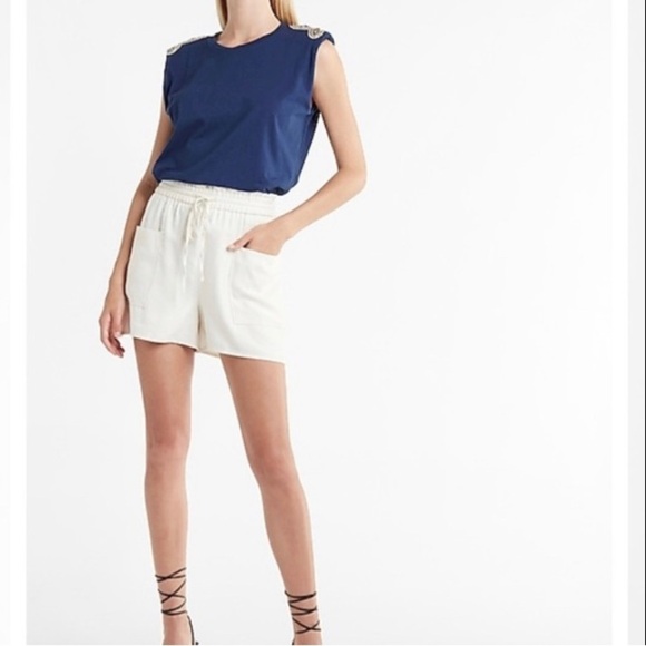 Express Navy Embellished Padded Shoulder Crew Neck Tee - Picture 8 of 14